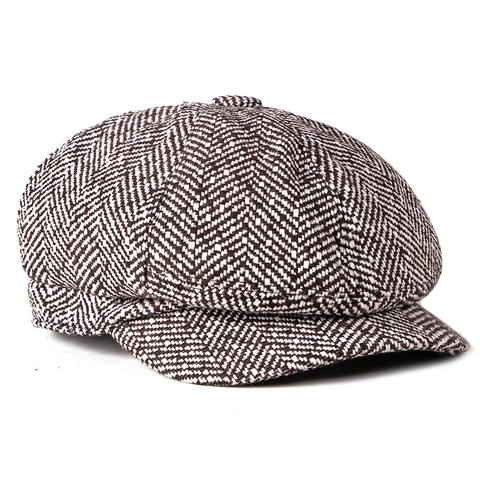 Casquette Gavroche Motif À Chevrons Style Britannique Rétro Bonnet Octogonal Mélange Coton Polyester Chaud Automne Hiver Unisexe