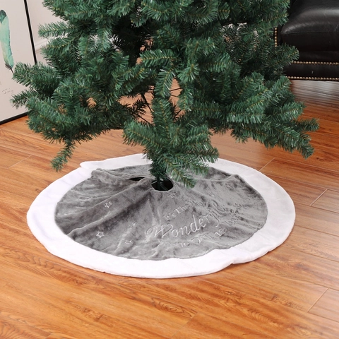 Christmas Tree Skirt Grey Short Plush White Fur Star Embroidery Holiday Lettering Round Tree Base Floor Mat Decor