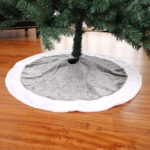 Christmas Tree Skirt Short Plush Embroidered Lettering And Stars Round Holiday Tree Base Decoration Grey White
