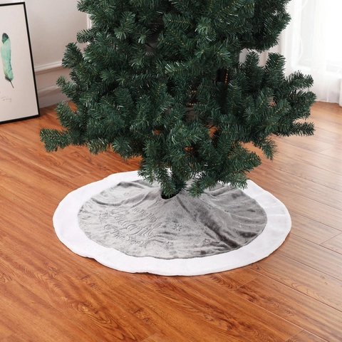Christmas Tree Skirt Short Plush Embroidered Lettering And Stars Round Holiday Tree Base Decoration Grey White