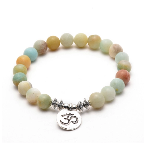 Bracelet En Perles De Pierre Amazonite Naturelle Avec Pendentif Lotus Bouddha Om Alliage Yoga Méditation Style Bohème