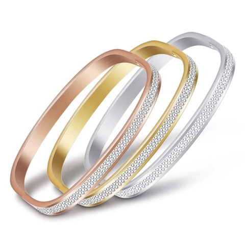 Bracciale Rigido Rettangolare Moderno in Acciaio Inossidabile per Donna a Doppia Fila con Strass Intarsiato Geometrico in Metallo Spazzolato