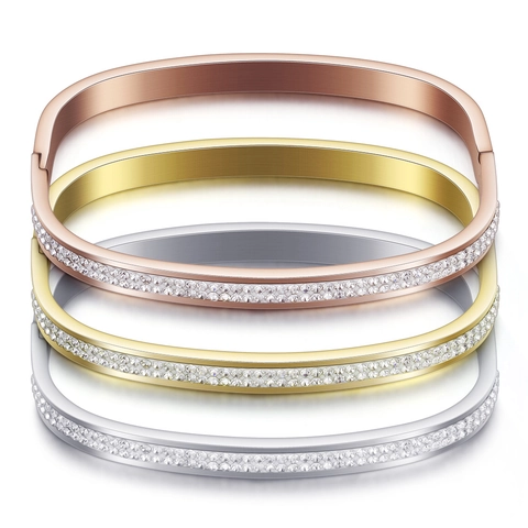 Bracciale Rigido Rettangolare Moderno in Acciaio Inossidabile per Donna a Doppia Fila con Strass Intarsiato Geometrico in Metallo Spazzolato