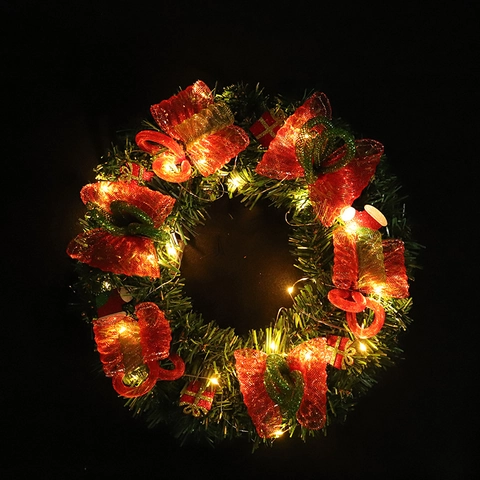 Corona De Navidad Decoración Agujas De Pino PVC Lazos De Malla Mini Cajas De Regalo Luces LED Para Puerta Decoración Colgante