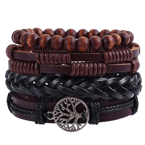 Vintage Multi Layer Braided Leather Bracelets Wood Beads Tree Of Life Pendant Handmade Adjustable Bohemian Ethnic Style For Men