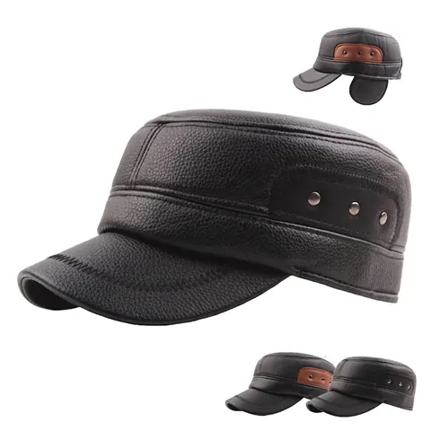 Berretto Cadet Uomo Inverno Caldo Pelle PU Cappello Piatto Con Paraorecchie Fodera In Pile Antivento Stile Vintage