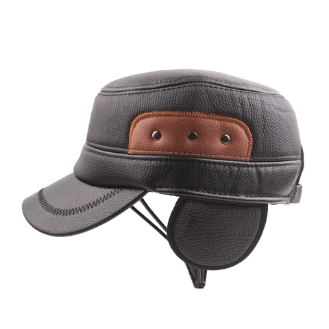 Berretto Cadet Uomo Inverno Caldo Pelle PU Cappello Piatto Con Paraorecchie Fodera In Pile Antivento Stile Vintage