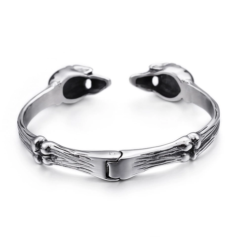 Vintage 316L Stainless Steel Skull Wolf Head Bracelet Bangle With Black Stone Punk Gothic Hip Hop Jewelry Men