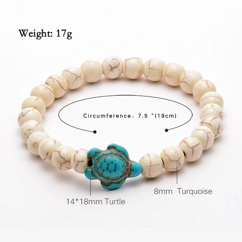 Sea Turtle Charm Beaded Bracelet Natural Stone Lava Rock Howlite Tiger Eye Bohemian Beach Elastic Jewelry For Couples