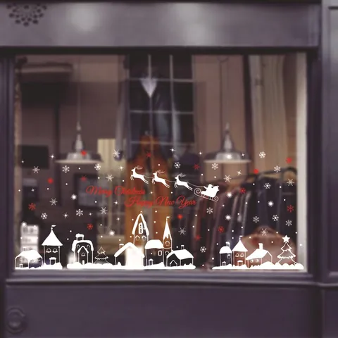 Christmas Window Clings PVC Static Sticker Snowflake Village Santa Reindeer Sleigh Decals For Glass Storefront Decor