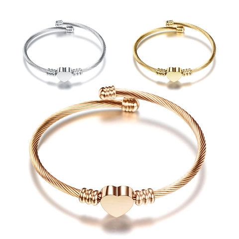 Heart Cuff Bracelet Stainless Steel Twist Cable Wire Open Bangle High Polish Fashion Jewelry For Women Elegant Chic