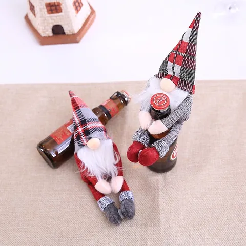 Christmas Gnome Wine Bottle Topper Knitted Fabric Forest Man Hugging Pose Bottle Cover Table Decor Festive Party Ornament