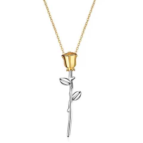 Elegante Collana Con Ciondolo a Rosa in Rame Bicolore da Donna Catena a Clavicola Con Fiore Dorato e Stelo d'Argento Gioielli