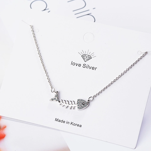 Fishbone Pendant Necklace Copper With Cubic Zirconia Dainty Sweet Fish Bone Shape Korean Style Jewelry For Women