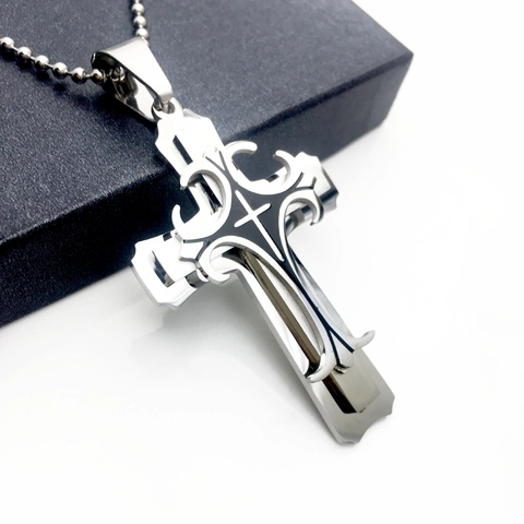 Collana Con Ciondolo A Croce A Triplo Strato Acciaio Inossidabile Uomo Gioielli In Acciaio Al Titanio Moda Religiosa