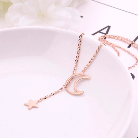 Rose Gold Titanium Steel Star Moon Necklace Y-Shaped Lariat Pendant Clavicle Chain Simple Trendy Jewelry For Women