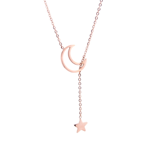 Rose Gold Titanium Steel Star Moon Necklace Y-Shaped Lariat Pendant Clavicle Chain Simple Trendy Jewelry For Women