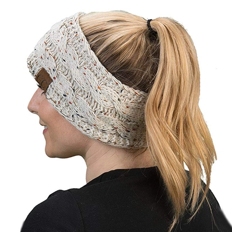 Bandeau Tricoté À Torsades Cache-Oreilles Hiver Femme Acrylique Moucheté Avec Écusson En Cuir