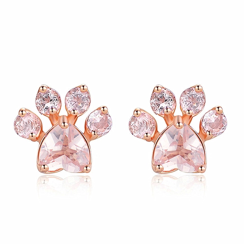 Cat Paw Stud Earrings Rose Gold Plated Copper With Pink Heart Zircon Cute Animal Footprint Jewelry For Women