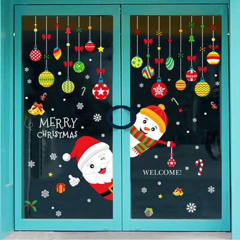 Christmas Window Stickers PVC Waterproof Removable Santa Claus Snowman Glass Door Decals Xmas Holiday Home Shop Decor