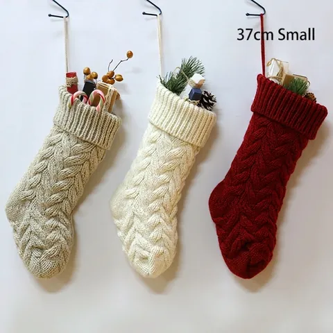 Christmas Stocking Knit Acrylic Cable Pattern Festive Hanging Gift Candy Bag Decoration Holiday Ornament Home Decor