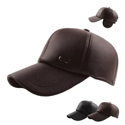PU Leather Baseball Cap With Ear Flaps Winter Warm Fleece Lined Windproof Curved Brim Outdoor Adjustable Hat For Men
