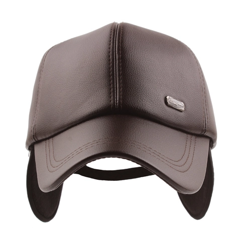 PU Leather Baseball Cap With Ear Flaps Winter Warm Fleece Lined Windproof Curved Brim Outdoor Adjustable Hat For Men