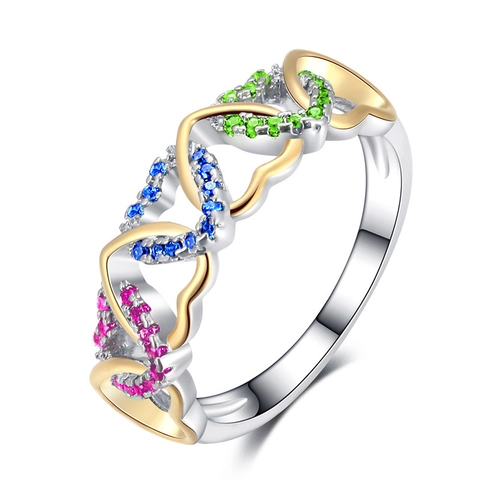 Fashion Intertwined Heart Rings Women Copper Two Tone Colorful Cubic Zirconia Inlaid Hollow Finger Band Romantic Jewelry