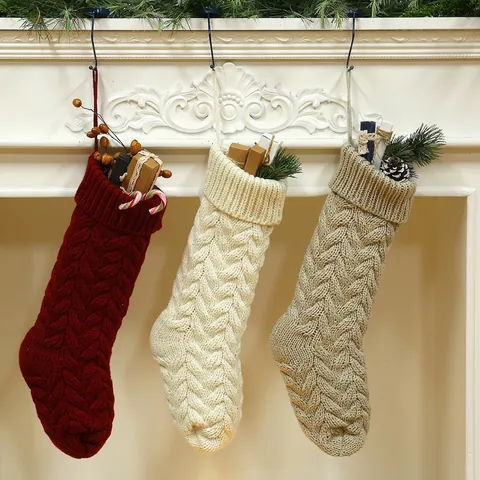 Calze Di Natale In Maglia Trecciata Acrilico Motivo A Foglie Sacchetti Regalo Da Appendere Per Camino Decorazione Casa