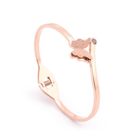 Bracciale Rigido Farfalla Placcato Oro Rosa Acciaio Inossidabile Satinato Strass Aperto Gioielli Donna