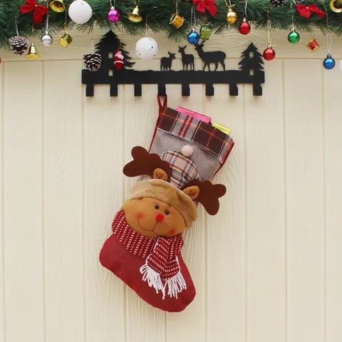 Traditional Plaid Christmas Stockings Featuring Dimensional Santa Snowman Reindeer Linen Felt Knitted Fabric Decorations