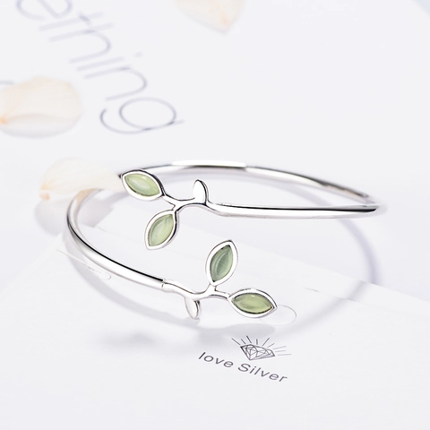 Bracciale Aperto in Rame con Pietra Occhio di Gatto a Forma di Foglia Stile Foresta Per Donna Gioiello Regalo Regolabile Colore Argento