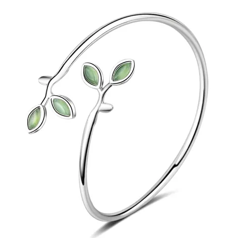Bracciale Aperto in Rame con Pietra Occhio di Gatto a Forma di Foglia Stile Foresta Per Donna Gioiello Regalo Regolabile Colore Argento