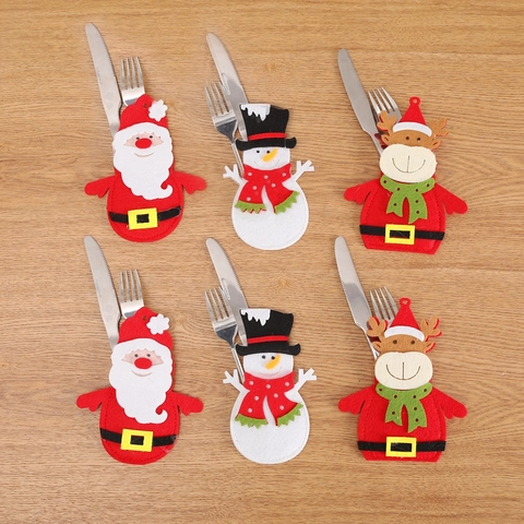 Christmas Cutlery Bag Non-woven Fabric Santa Snowman Reindeer Bear Shape Table Decoration Festive Party Dinnerware Holder