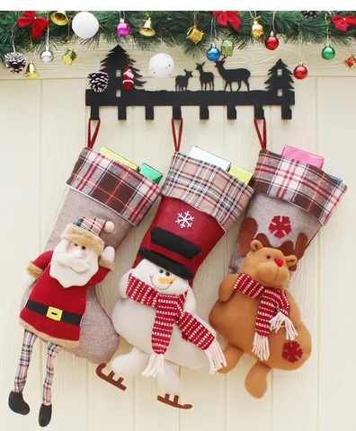 Large Christmas Stockings Linen Plaid Fabric Hanging Gift Candy Bag Santa Snowman Reindeer Doll Decor