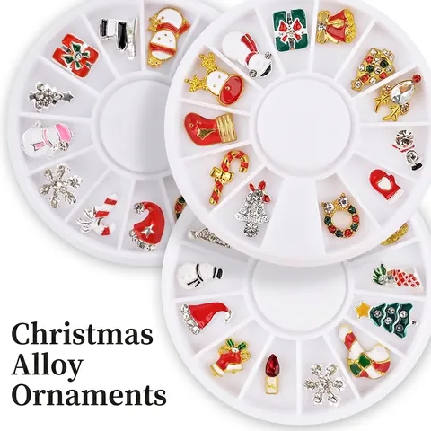 Dijes Para Uñas De Navidad Aleación Esmalte Rhinestone Copo De Nieve Papá Noel Árbol Decoraciones DIY Con Organizador