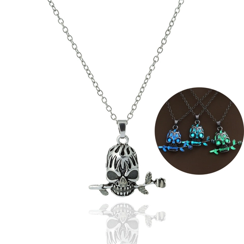 Gothic Skull Rose Glow In The Dark Pendant Necklace Antique Silver Alloy Luminous Skeleton Chain Halloween Jewelry For Adults