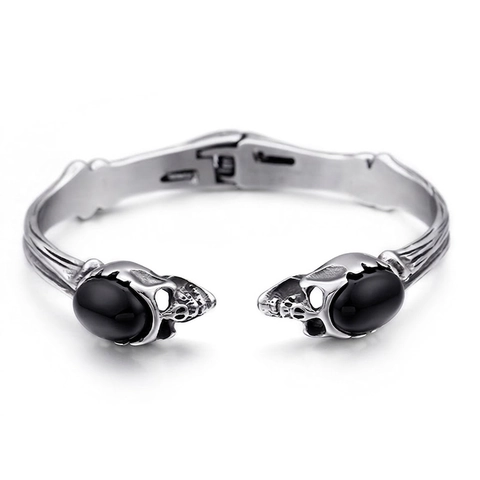 Vintage 316L Stainless Steel Skull Wolf Head Bracelet Bangle With Black Stone Punk Gothic Hip Hop Jewelry Men