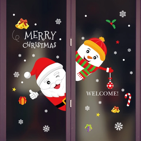 Frohe Weihnachten Fensteraufkleber Weihnachtsmann Schneemann Schneeflocke Wasserdicht PVC Wandtattoo Für Haus Laden Glas Deko
