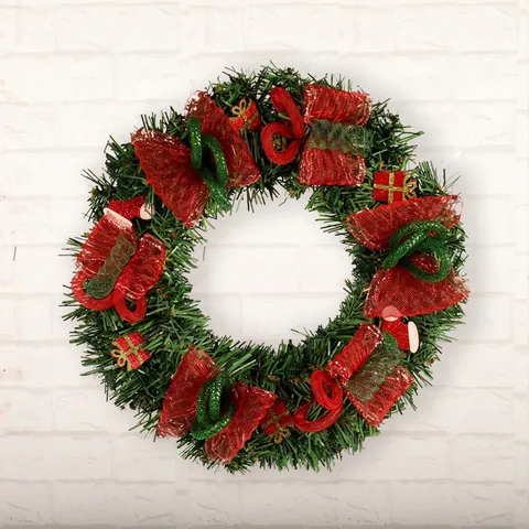 Corona De Navidad Decoración Agujas De Pino PVC Lazos De Malla Mini Cajas De Regalo Luces LED Para Puerta Decoración Colgante