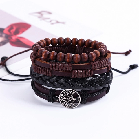 Vintage Multi Layer Braided Leather Bracelets Wood Beads Tree Of Life Pendant Handmade Adjustable Bohemian Ethnic Style For Men