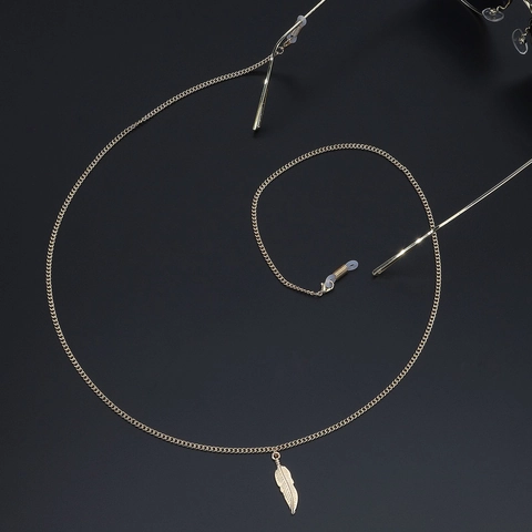 Elegant Metal Glasses Chain Strap With Leaf Feather Pendant Anti-Slip Silicone Connectors Eyewear Holder