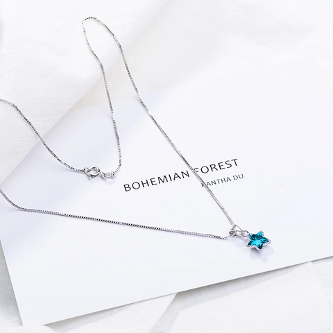 Star Pendant Necklace Blue Artificial Crystal White Gold Tone Metal Beaded Edge Minimalist Jewelry For Women