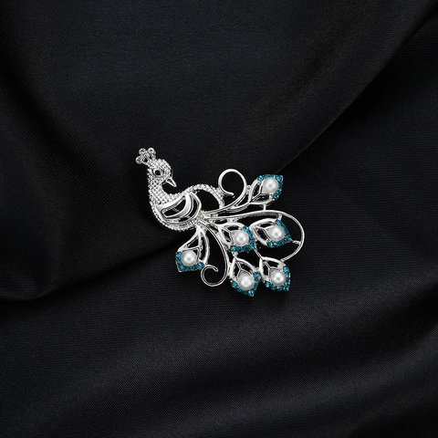 Broche De Pavo Real Elegante De Aleación Con Perlas Artificiales Blancas Y Diamantes De Imitación Azules Para Mujer