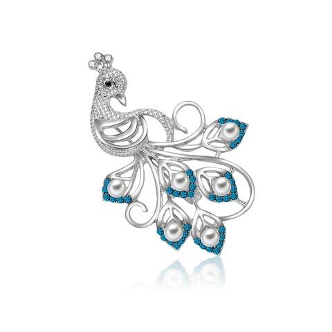 Broche De Pavo Real Elegante De Aleación Con Perlas Artificiales Blancas Y Diamantes De Imitación Azules Para Mujer