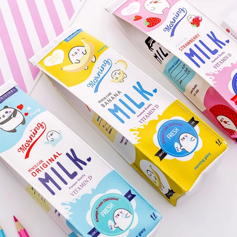 Cartoon Milk Box Pencil Case PU Leather Stationery Bag For Students Cute Portable Storage Organizer Strawberry Banana