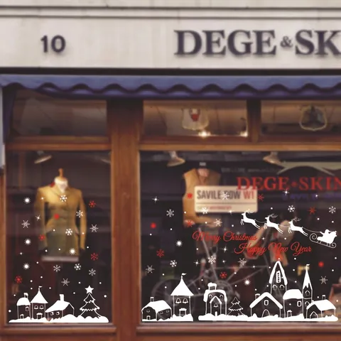 Christmas Window Clings PVC Static Sticker Snowflake Village Santa Reindeer Sleigh Decals For Glass Storefront Decor