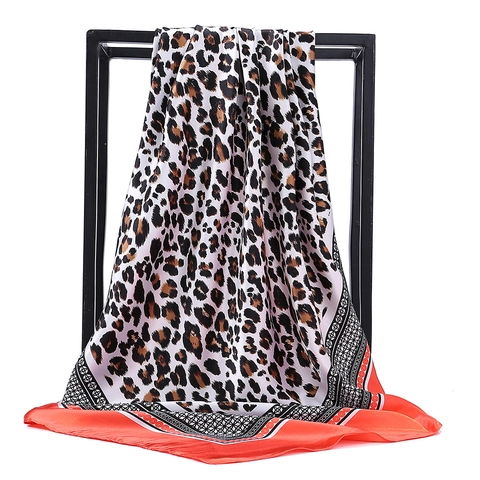 Leopard Print Satin Square Scarf Satin Like Polyester Fashionable Retro Shawl Hijab Head Wrap For Women