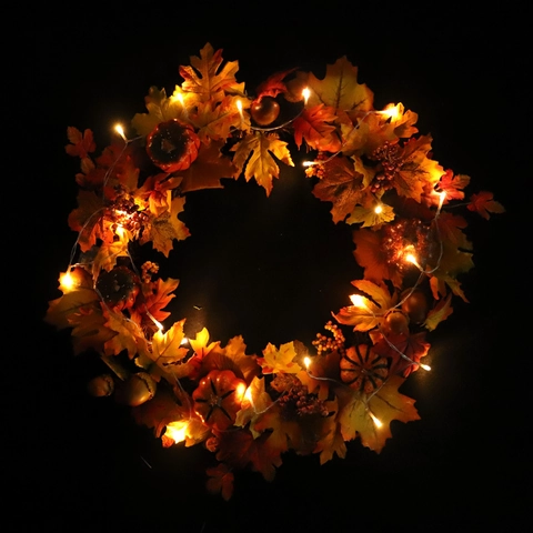 Artificial Autumn Maple Leaf Wreath With Pumpkins Acorns Berries For Thanksgiving Halloween Front Door Decoration Warm LED Light