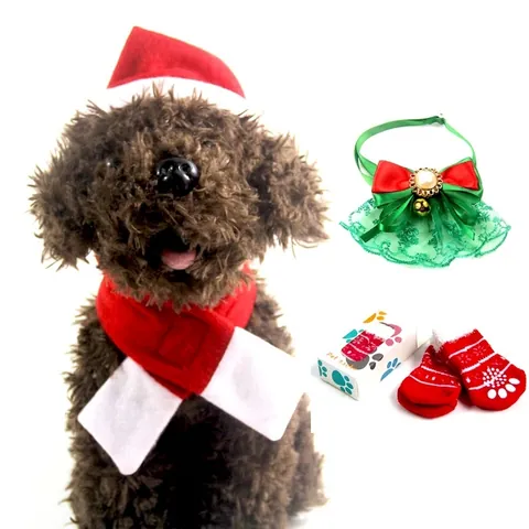 Kerst Huisdier Kostuum Hoed Sjaal Sokken Vlinderdas Feestelijk Rood Wit Gebreid Katoen Fluweel Kleine Hond Kat Outfit